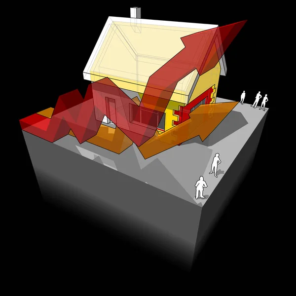 追加の壁と屋根のアイソレーションと2つの上昇ビジネスダイアグラム矢印図付き戸建住宅の図 — ストックベクタ