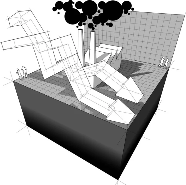 Diagramm Eines Fabrik Oder Industriegebäudes Mit Zwei Fallenden Geschäftsdiagramm Pfeilen — Stockvektor