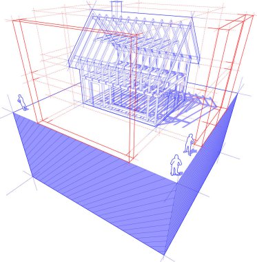 Diyagram bir müstakil ev 3d boyutlu bir çatı inşaat