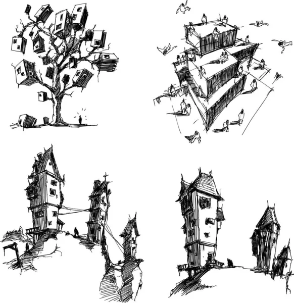 Dört Çizilmiş Modern Bir Soyut Mimarinin Mimari Çizimleri Etrafta Uçan — Stok Vektör