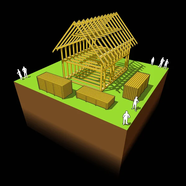 木造軸組構造とシンプルな戸建住宅の建設 — ストックベクタ