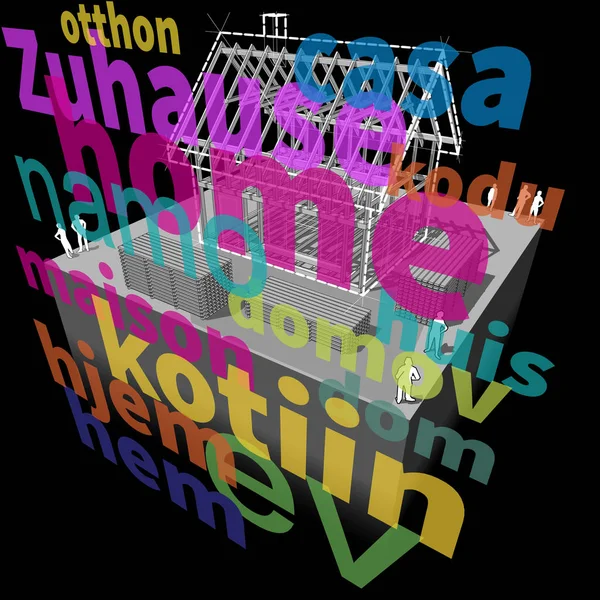 Diagramm Eines Einfachen Einfamilienhauses Mit Holzrahmenkonstruktion Mit Worthaus Vielen Sprachen — Stockvektor