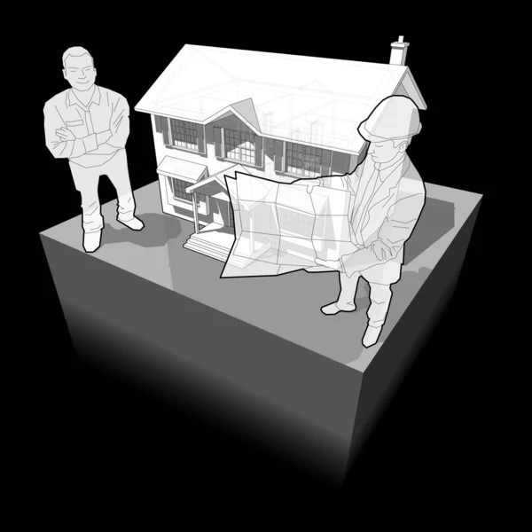 diagram of a classic colonial house and architect and happy smiling man standing in front of it