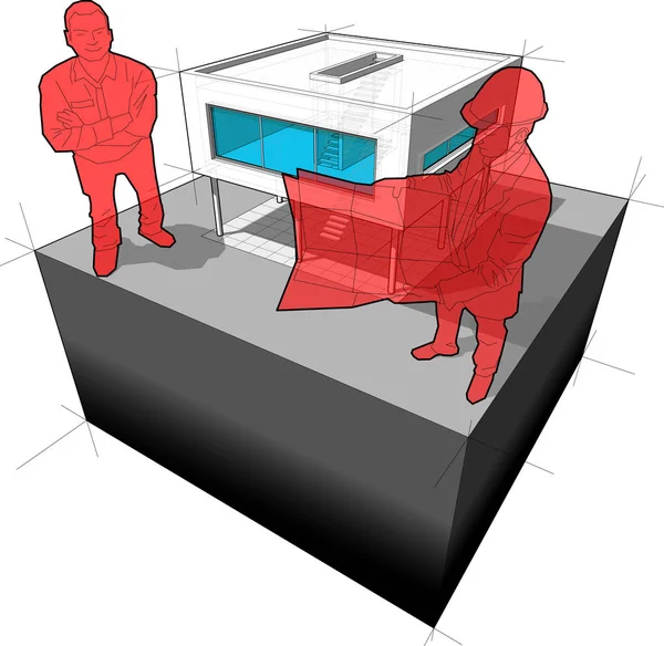 Diagrama Uma Casa Moderna Moradia Funcionalista Arquiteto Com Homem Sorridente — Vetor de Stock