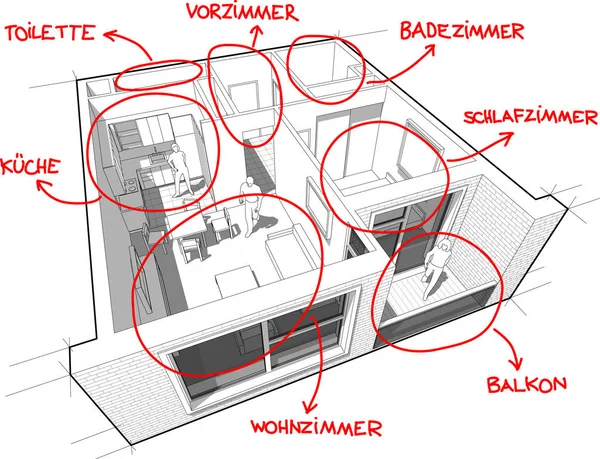 日耳曼语中 一个完全配备红色手绘房间定义的单人间公寓的透视截图 — 图库矢量图片