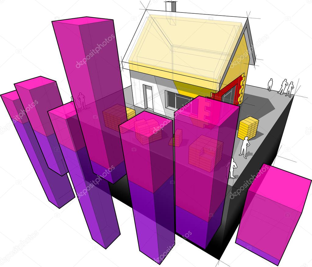 diagram of a detached house with additional wall and roof insulation with abstract business diagram
