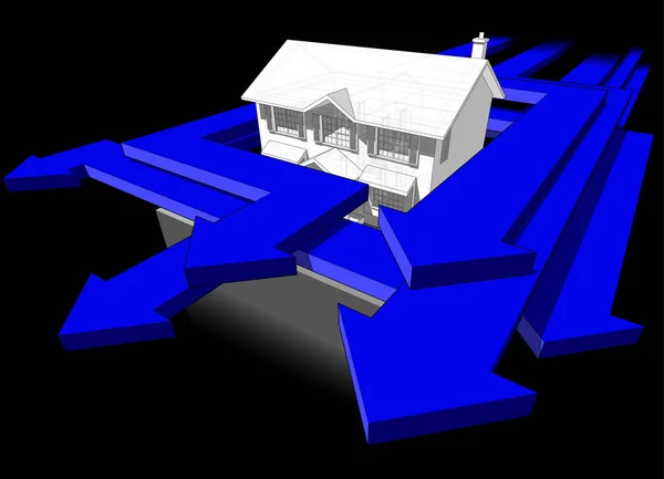 Diagrama Uma Casa Colonial Clássica Muitas Setas Acelerando Redor Casa —  Vetores de Stock