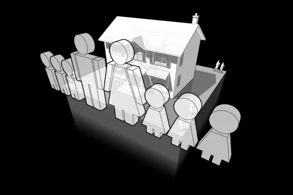 diagram of a classic colonial house and family sign composed of man and wife and six children
