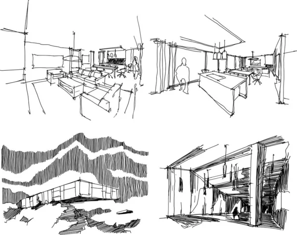 現代の抽象建築とインテリアの四つの手描きの建築スケッチ — ストックベクタ