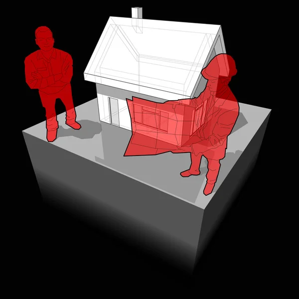 Diagrama Una Simple Casa Unifamiliar Arquitecto Feliz Hombre Sonriente Pie — Vector de stock