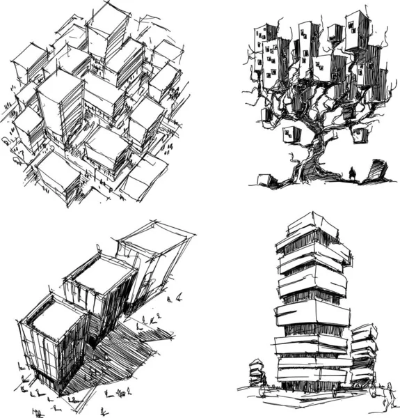 Čtyři Ručně Kreslené Architektonické Náčrtky Moderní Abstraktní Architektury Fantastické Struktury — Stockový vektor