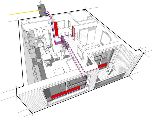 Schéma Découpé Perspective Appartement Une Chambre Entièrement Meublé Avec Chauffage — Image vectorielle