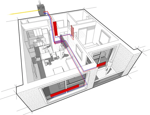 Diagrama Corte Perspectivo Apartamento Dormitorio Completamente Amueblado Con Calefacción Por Ilustraciones de stock libres de derechos