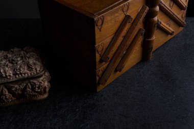 Terzi dikiş malzemeleri eski ahşap kutu