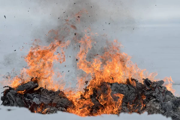 Fuego y humo de la quema de basura en un campo cubierto de nieve Imagen de archivo