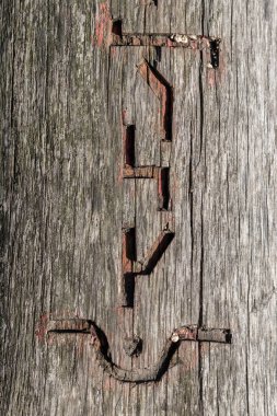 Slav pagan esrarengiz sembolleri (runik işaretler), yanık izleri olan bir ağaca oyulmuştur..