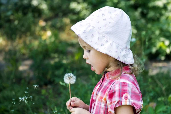Маленькая Девочка Шляпе Дующая Одуванчик — стоковое фото