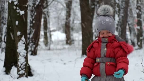 Little Girl Calling Squirrel Suddenly Wind Blew Snow Began Fall — Stock Video