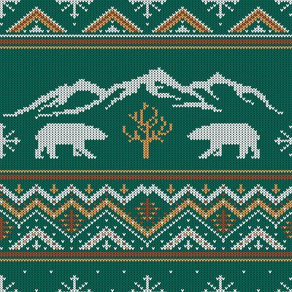 Winter Knitted Woolen Pattern Polar Bears Background Snow Capped Mountains — Stock Vector