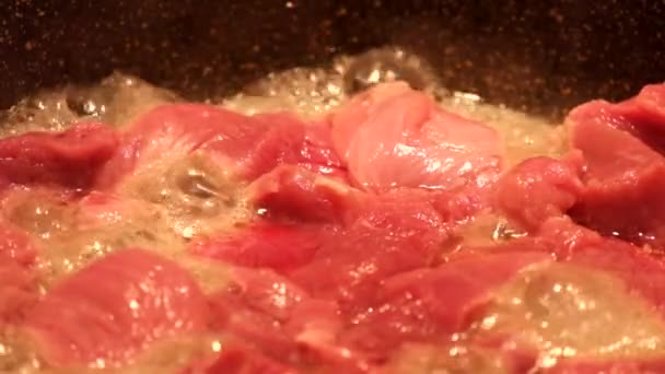 Carne Com Alto Teor Umidade Frito Uma Frigideira Processo Emite — Vídeo de Stock