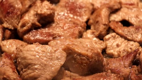 Pedaços Carne Fritos Uma Frigideira — Vídeo de Stock