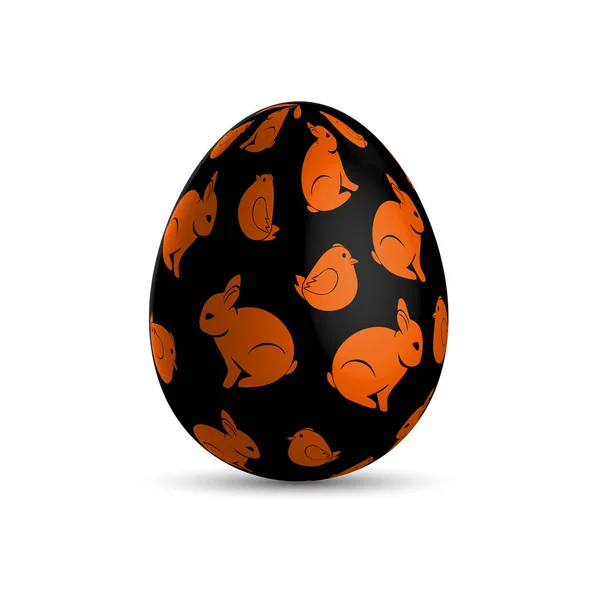 Black Easter Egg Met Oranje Vogels Konijntjes Van Pasen — Stockvector