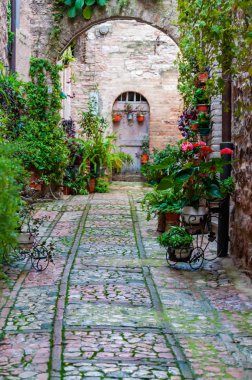 İtalya 'nın Spello şehrinde dar bir sokak.