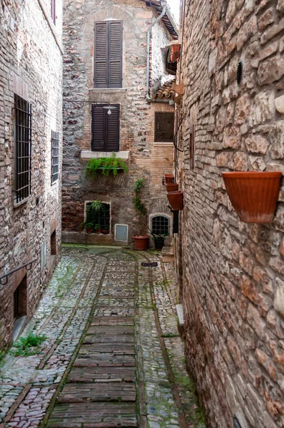 Rua estreita no smal viallge de Spello, Itália — Fotografia de Stock