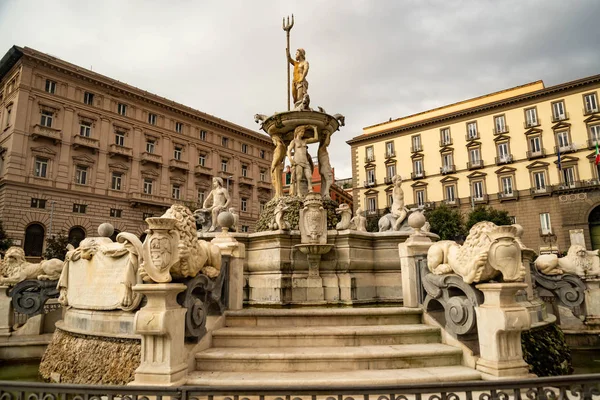 Zamek Maschio Angioino Fontanna Neptuna Placu Municipio Napoli — Zdjęcie stockowe