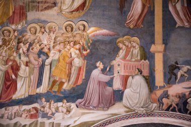 PADUA, İtalya - 2 Temmuz 2017: Scrovegni Şapeli Cappella degli Scrovegni, Arena Şapeli 'nde mermer taklidi. Kilise, Giotto 'nun 1305 yılında tamamladığı bir fresk döngüsü içerir..
