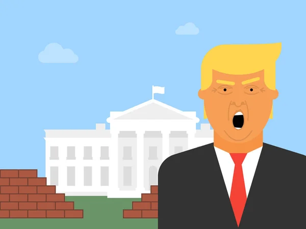 Donald Trumpf und das weiße Haus mit einer Mauer — Stockvektor