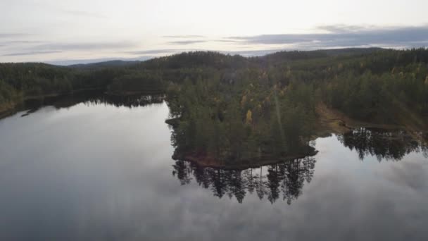 Tembakan Drone Dari Hutan Musim Gugur Dan Danau Norwegia — Stok Video