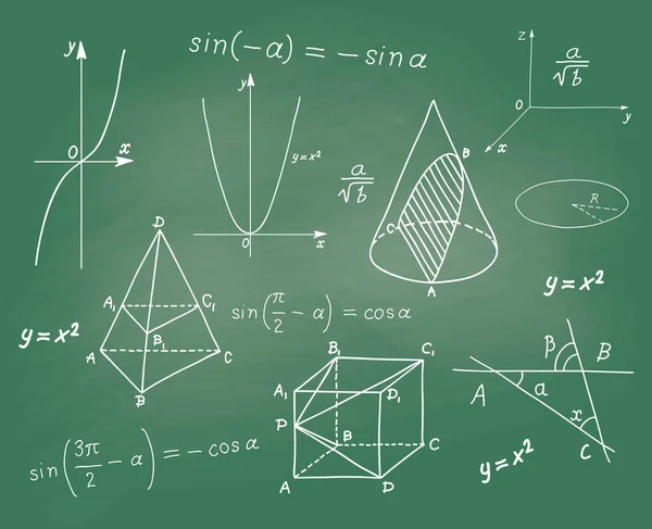 Matemáticas - formas geométricas y bocetos de expresiones en junta escolar — Vector de stock