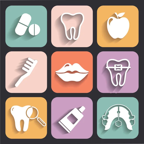 Dentali e ortodonzia Set di icone piane — Vettoriale Stock