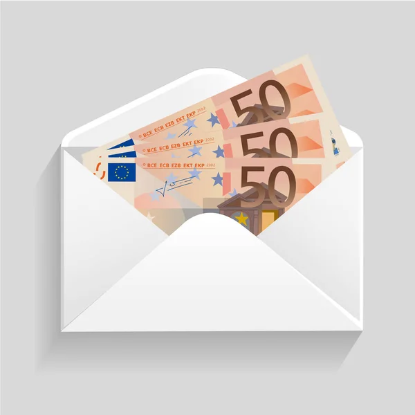 Açık zarf ve 50 euro faturalarını nakit — Stok Vektör