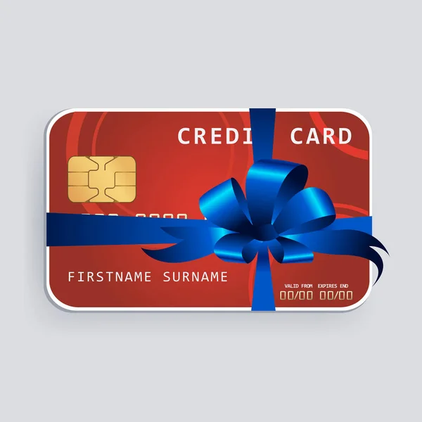 Credit card with blue bow and ribbons. - Stok Vektor