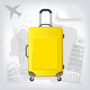 Seyahat çantası farklı seyahat öğeleri vektör, Colosseum, Pisa, Eyfel Kulesi ile