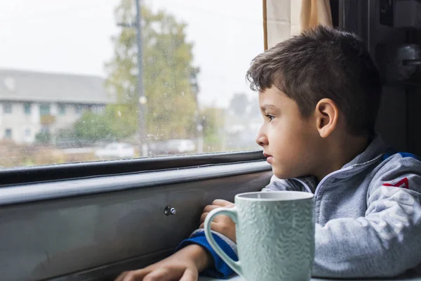 Мальчик 5 лет идет в поезде и с грустью смотрит в окно — стоковое фото