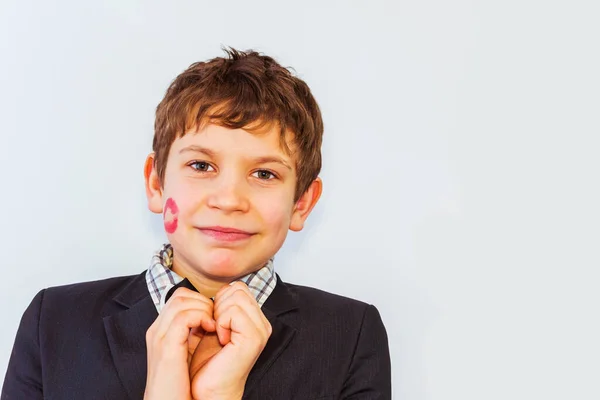 Portrait Teenage Boy Lipstick Print His Cheek — Stock Photo, Image
