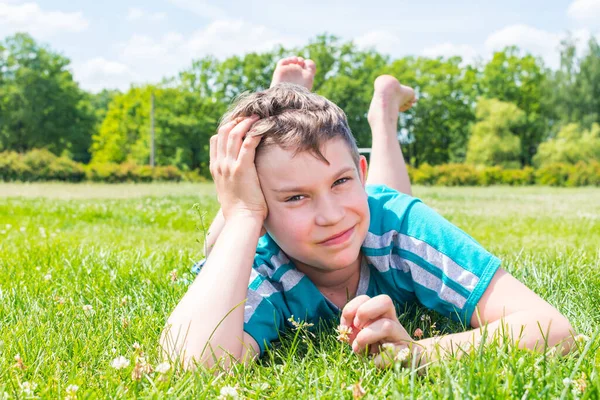 Teen Boy Lying His Stomach Grass — Stock Photo, Image