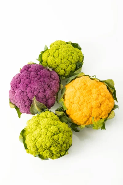 Four Colorful Cauliflowers White Background Topview — Stock Photo, Image