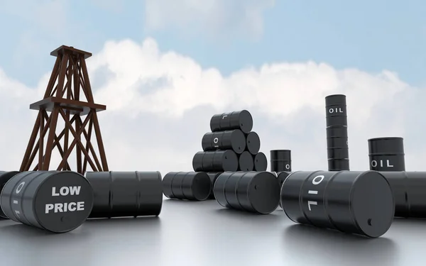 Oil tower and  barrels with text oil — Stock Photo, Image