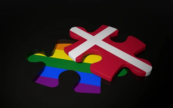 Bandera LGBT y Dinamarca como una pieza de rompecabezas . — Foto de Stock