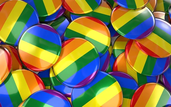 Insignias de Orgullo Gay Fondo - Pila de Botones de Bandera de Arco Iris . — Foto de Stock