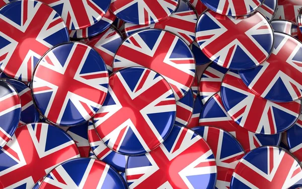 Velká Británie odznaky pozadí - hromadu tlačítek britská vlajka. — Stock fotografie