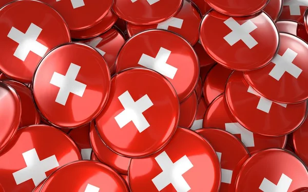 Suiza Insignias Antecedentes - Montón de botones de bandera suiza . —  Fotos de Stock