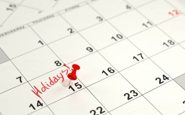 Kırmızı iğne 15 takvim üzerinde işaretleme