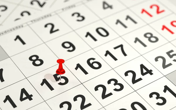 Red pin marking the 15th on a calendar — Stock Photo, Image