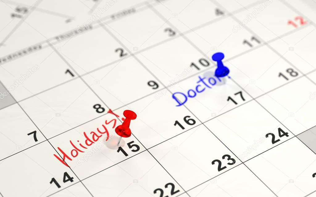 Red and blue pins marking the important days on a calendar