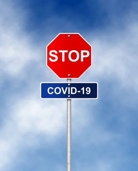 Símbolo Señal Tráfico Con Texto Stop Covid — Foto de Stock